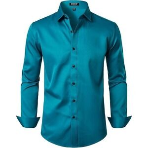 JEMITOP Mens Turquoise Teal Silk Like Dress Shirt Button Down Long Sleeve XL
